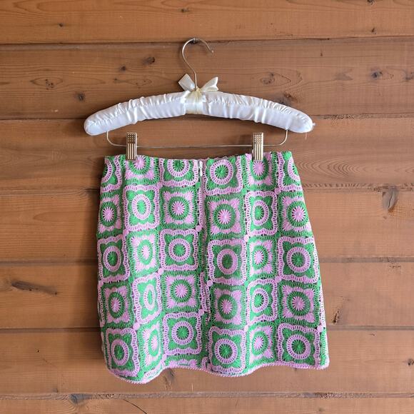 Show Me Your Mumu Mini Skirt Crochet Pink Green S Preppy Sorority Pastel Retro - Picture 4 of 5